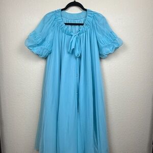 Vtg Virginia Wallace Peignoir 60's Blue Robe Chiffon Old Hollywood Glam 32